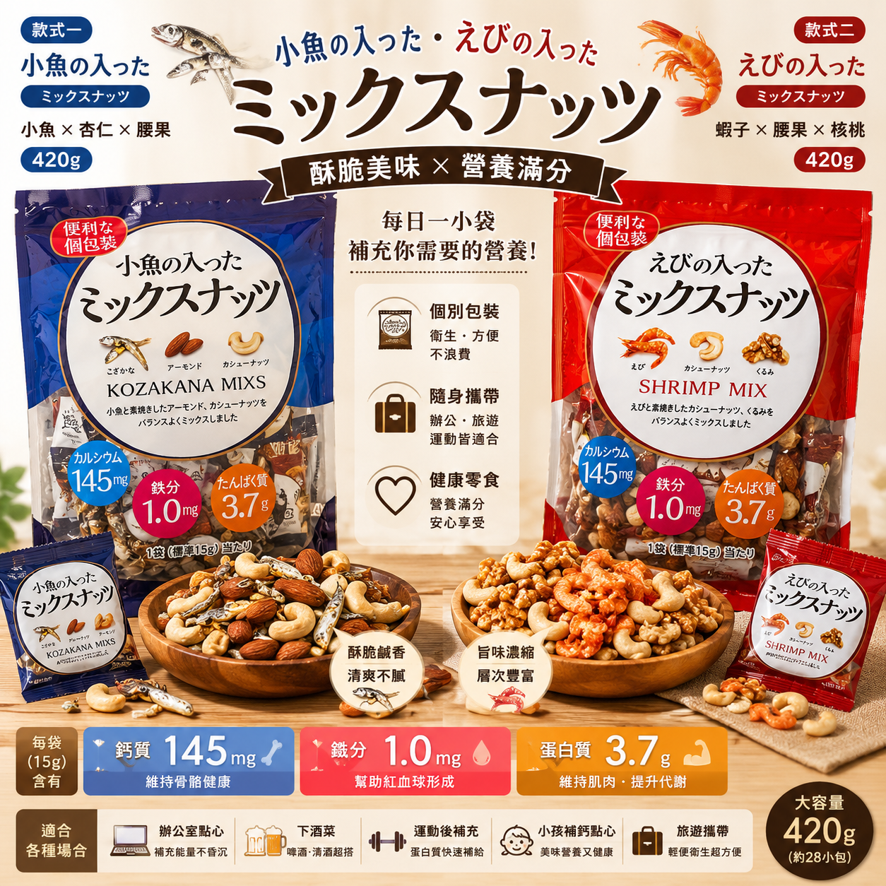 【日本好市多】小魚堅果混合包 ＋ 蝦子堅果混合包｜各 420g 個別包裝 補鈣補鐵高蛋白 零食下酒菜 日本直送台灣