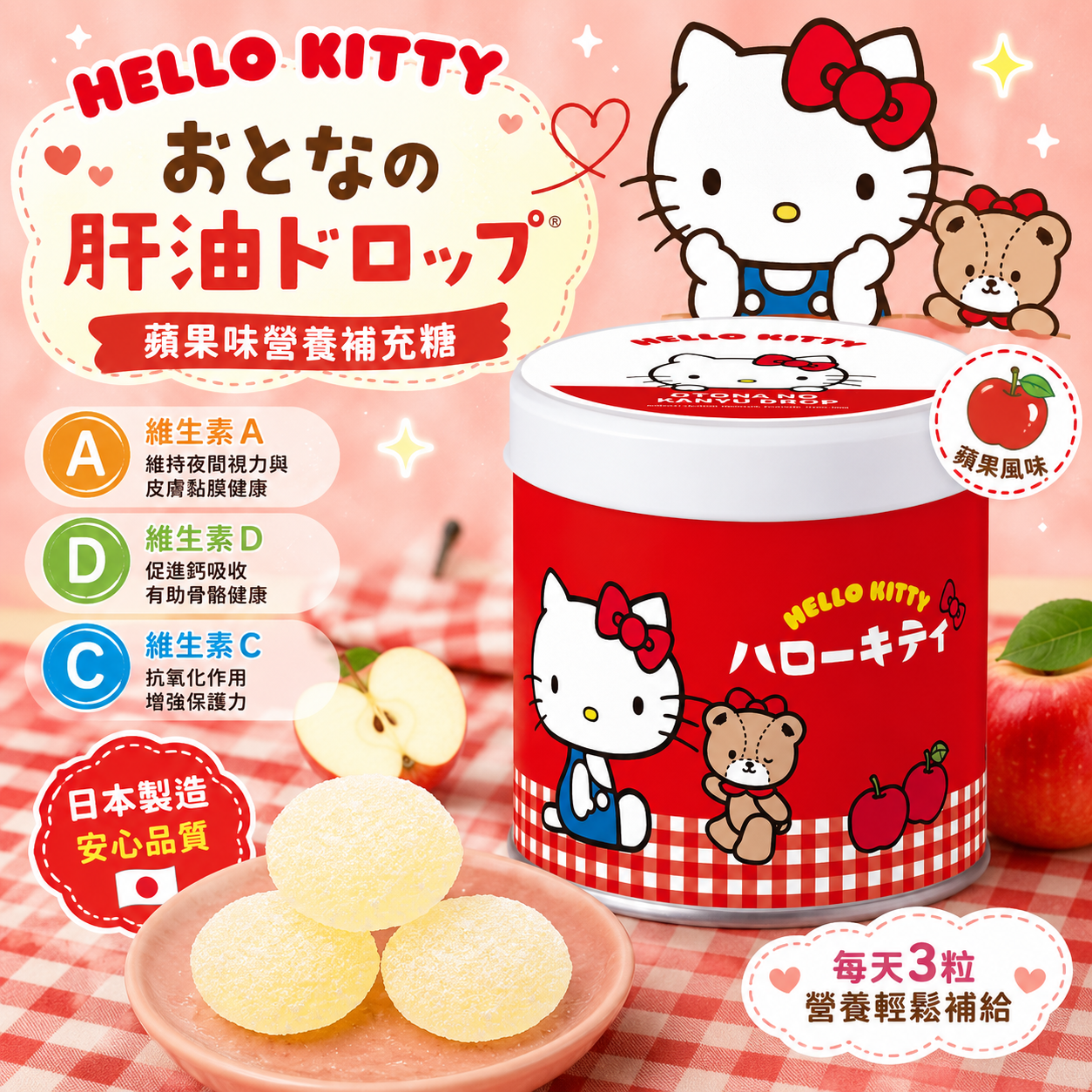 【日本代購】【限定版】HELLO KITTY×おとなの肝油ドロップ｜蘋果味營養補充糖｜維生素A・D・E配合｜野口醫學研究所監製