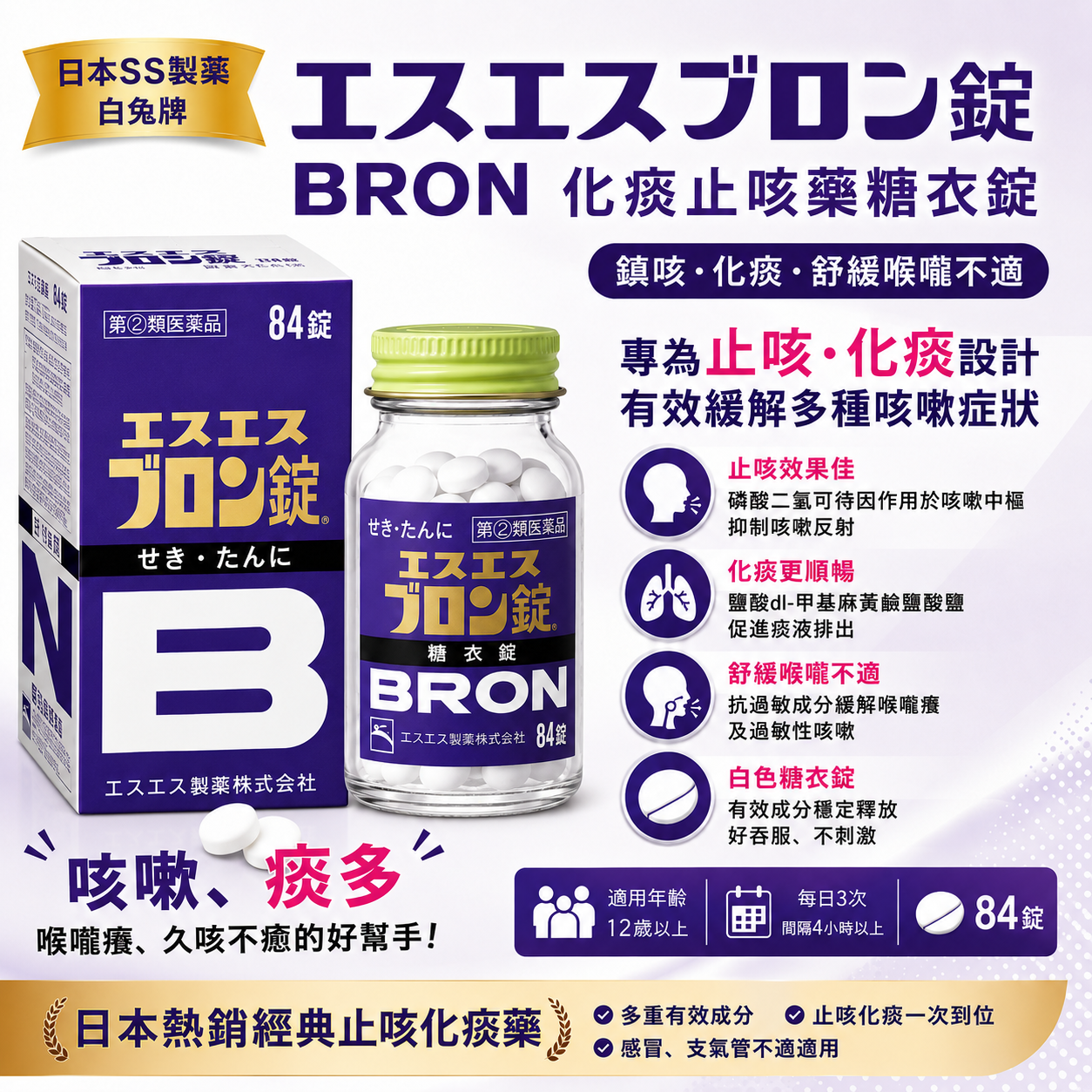 【日本代購】SS製藥 小白兔 BRONエスエスブロン錠 化痰止咳藥糖衣錠