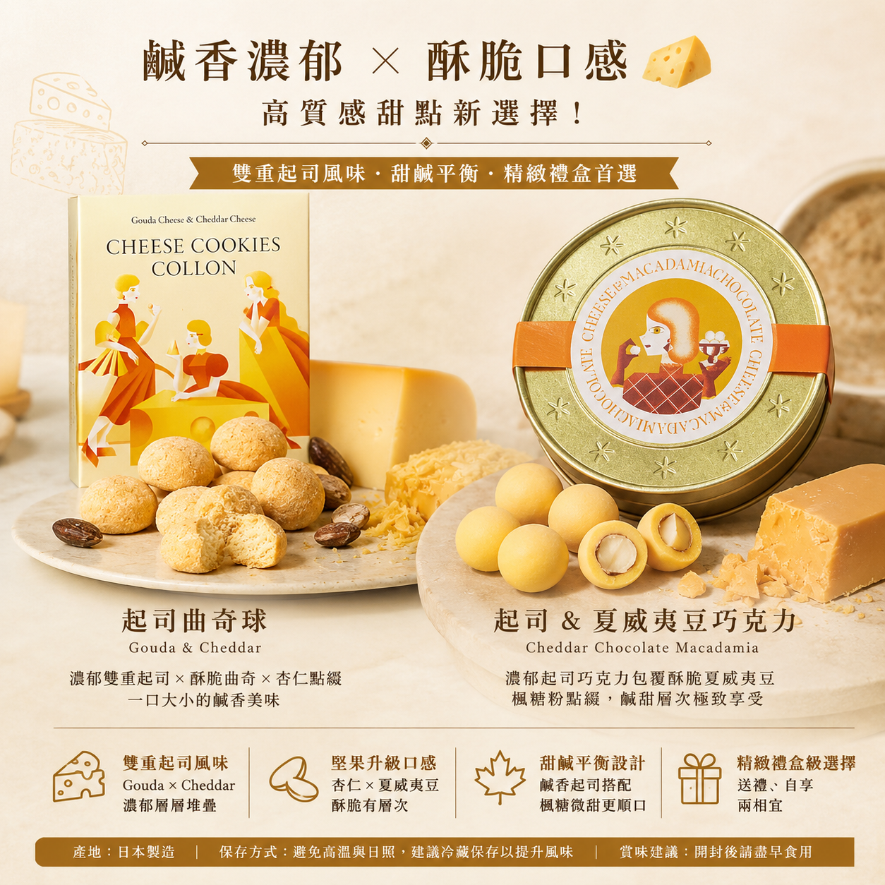 NOW ON CHEESE【起司控必吃】雙起司濃香曲奇球＋起司巧克力夏威夷豆｜Gouda＆Cheddar／Macadamia＆Maple｜鹹甜交織口感・大人系高級零食推薦