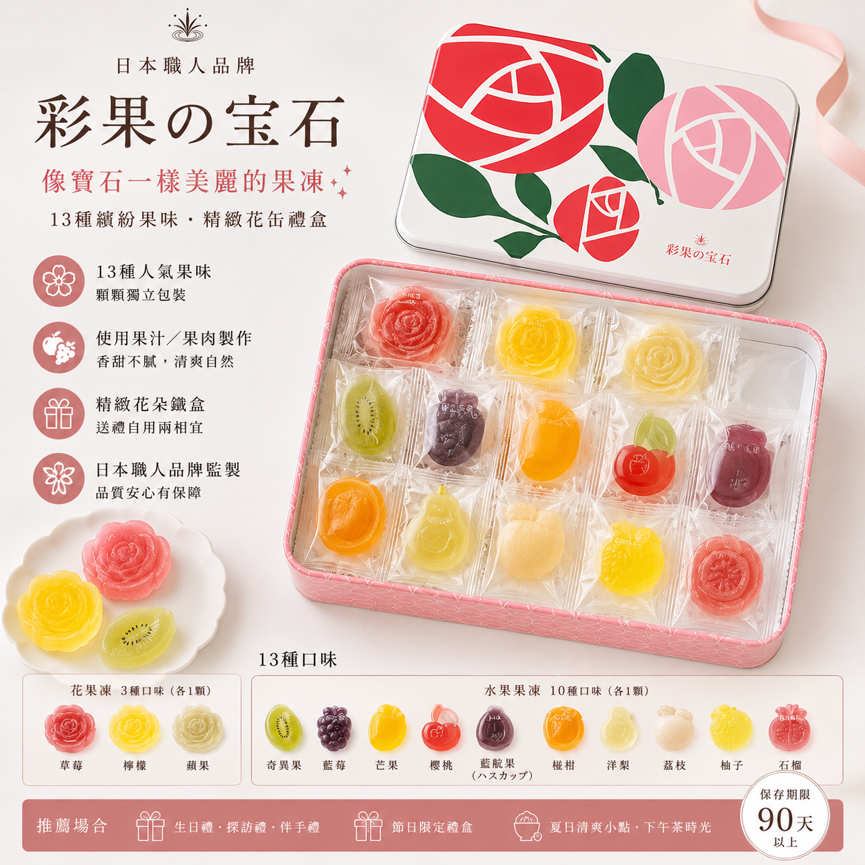 【花果寶石果凍禮盒】日系限定花缶×13種水果風味果凍｜繽紛鐵盒包裝・送禮首選・單顆獨立包裝