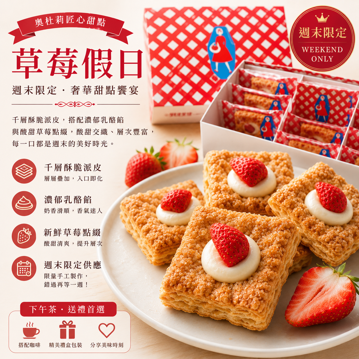 AUDREY奧杜莉「草莓假日」｜酥脆千層派 X 濃郁乳酪餡，週末限定甜點