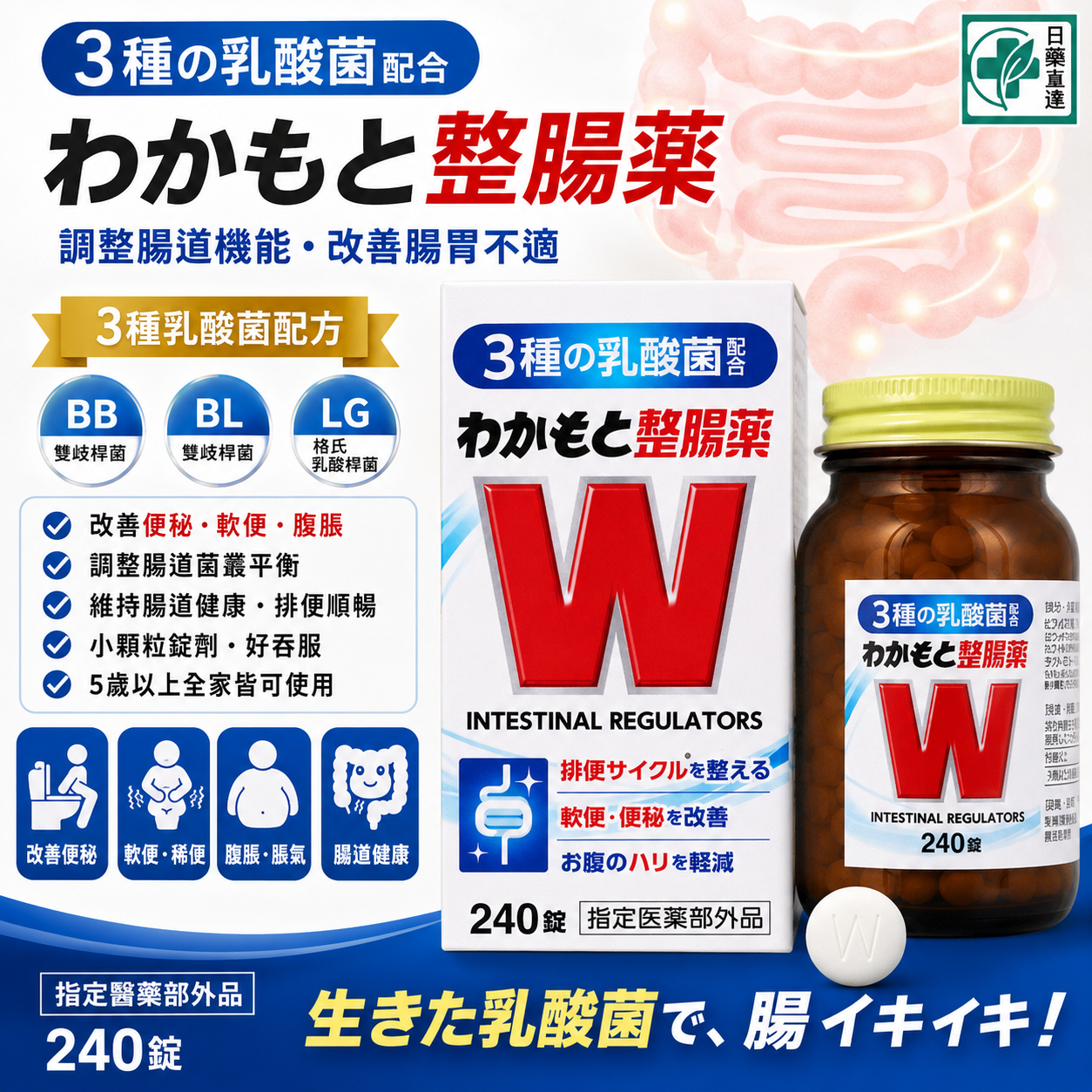 WAKAMOTO 若元整腸藥 240錠 三種乳酸菌 腸胃藥｜指定醫薬部外品｜日本網購直送台灣