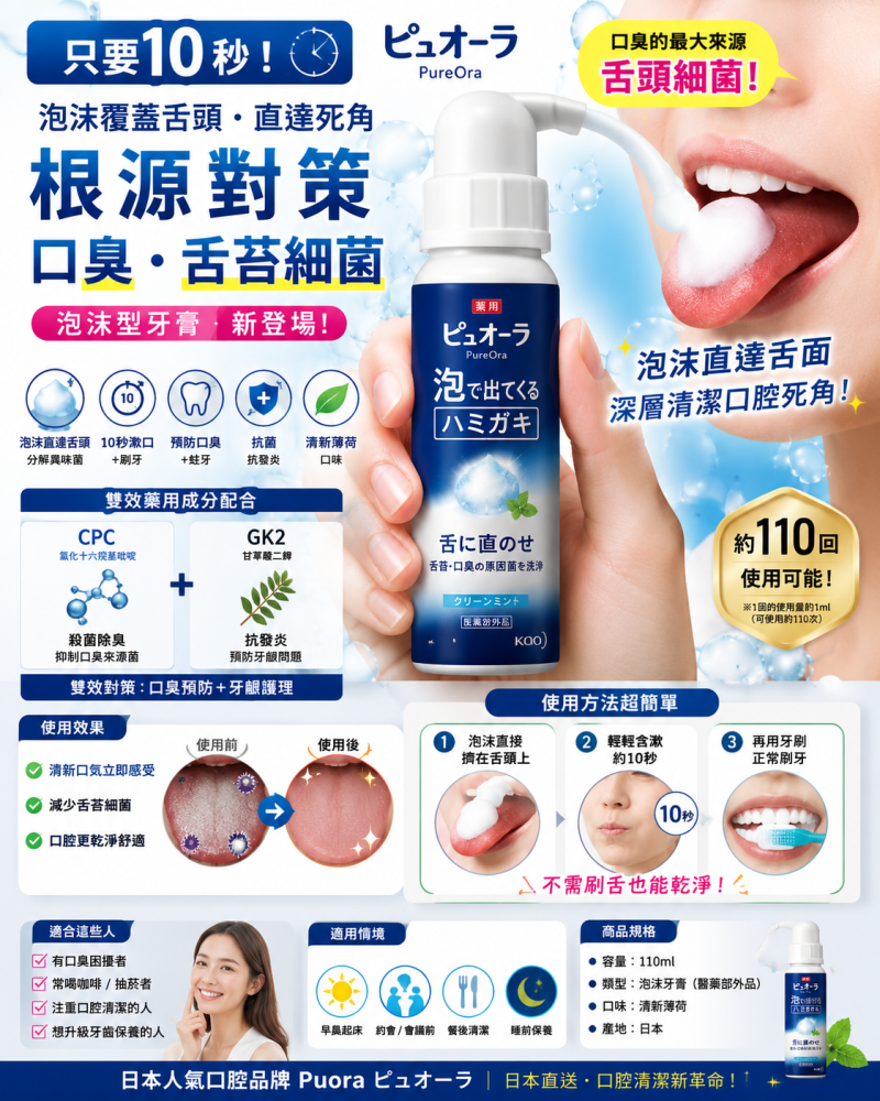 🦷 日本 花王 Puora 泡沫牙膏｜10秒口臭清除 × 舌苔潔淨