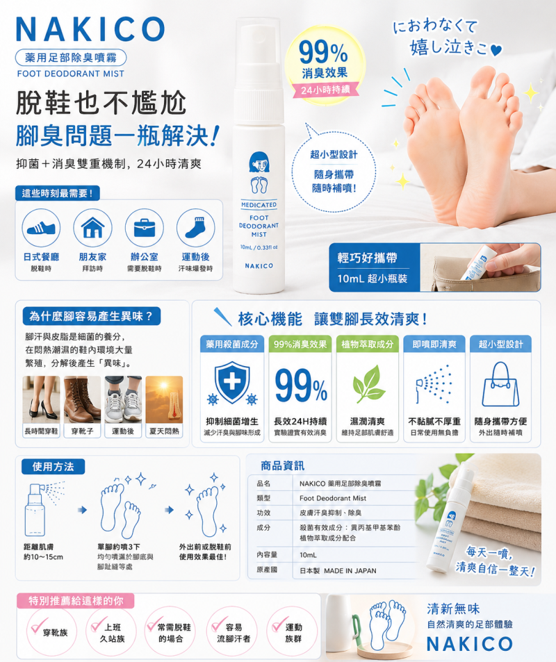 NAKICO 藥用足部除臭噴霧｜腳臭消除｜長效24H抑味｜隨身攜帶型 Foot Mist
