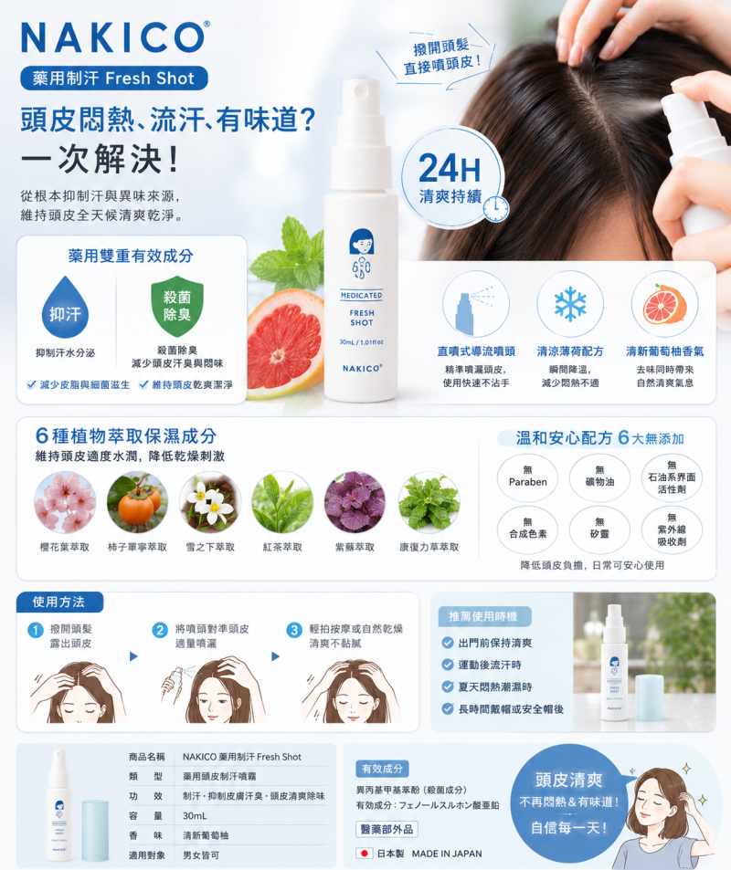 NAKICO 藥用頭皮制汗噴霧 30mL｜抑汗・除臭・清爽持久｜日本頭皮清潔噴霧