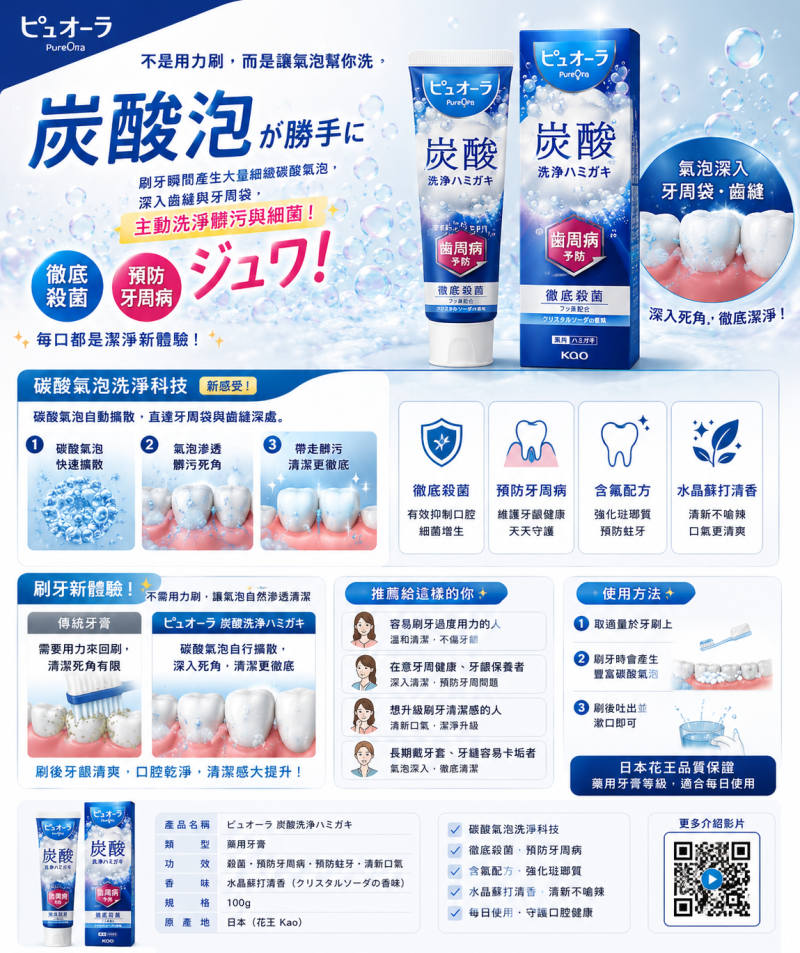 🔥日本SNS爆紅｜花王 Biore PureOra 碳酸洗淨氣泡牙膏 95g