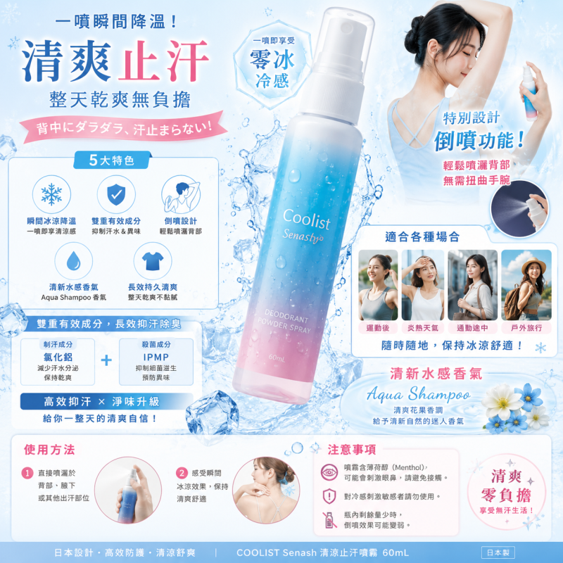 🔹 COOLIST Senash 清涼止汗噴霧 🔹 （瞬間冰涼 × 抑汗除臭 × 方便背部噴灑）