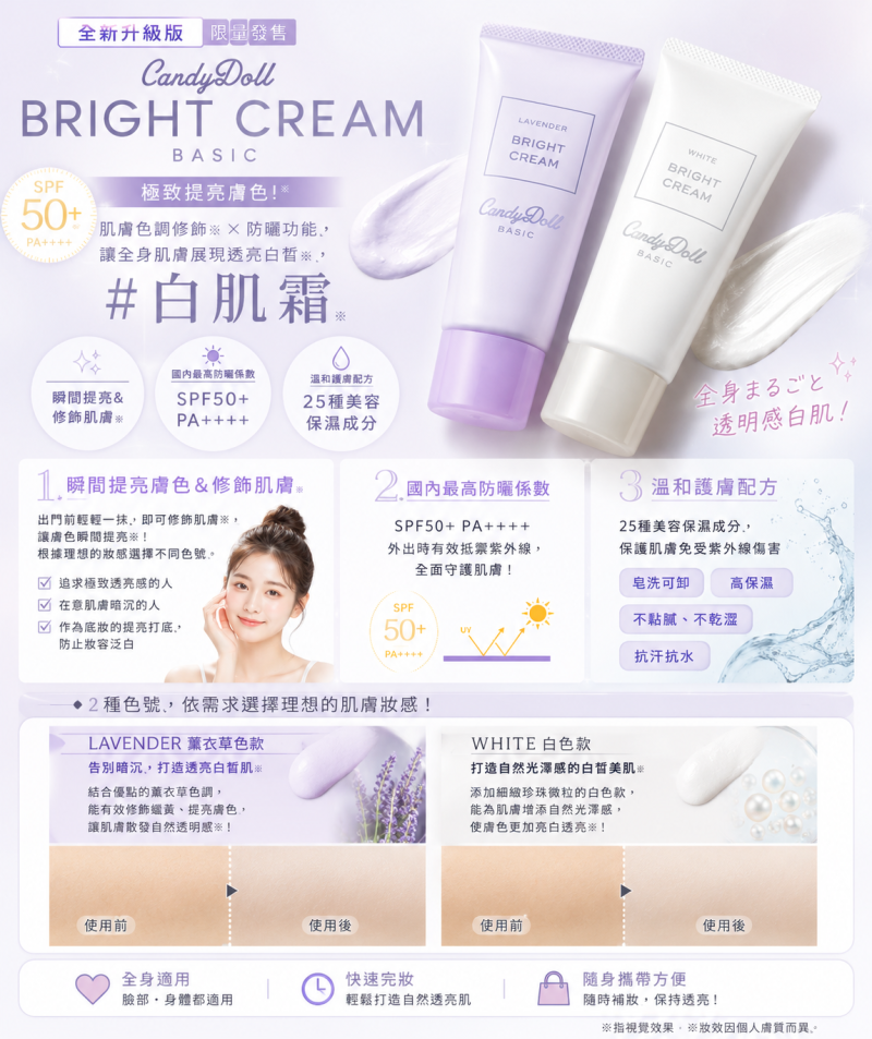 CandyDoll（糖果洋娃娃）亮白純淨潤色防曬乳SPF50・PA++++