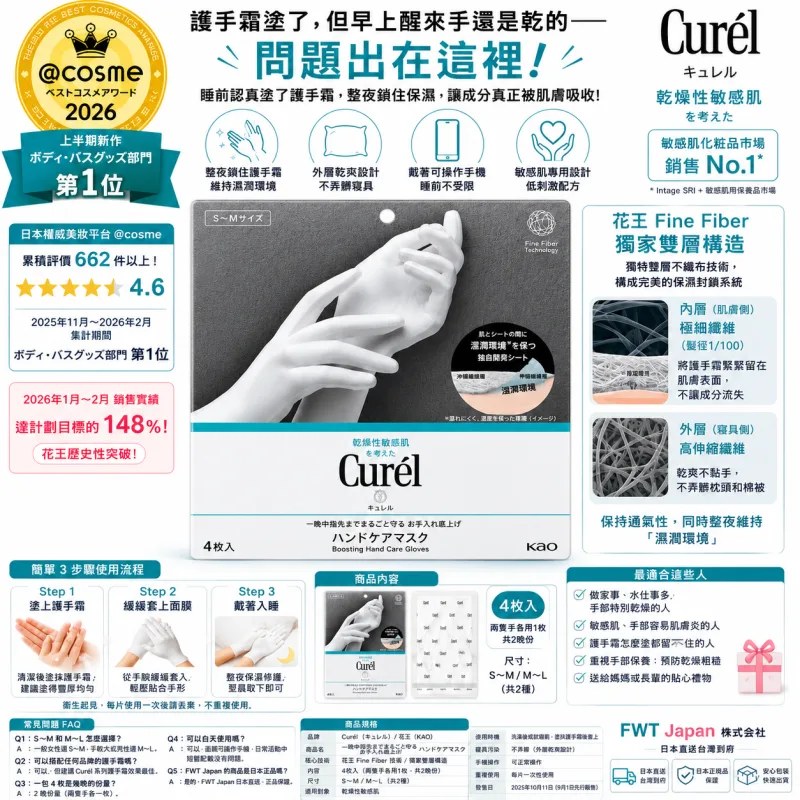 【花王 Curél】睡眠護手面膜 4枚入｜塗好護手霜套上睡一覺 指尖粗糙乾裂一夜改善 日本直送台灣