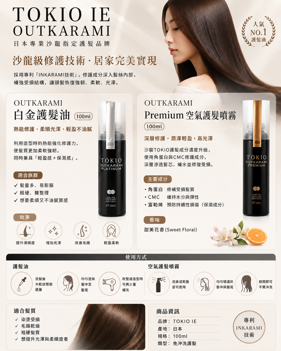 TOKIO IE OUTKARAMI 白金護髮油 100ml＋Premium 空氣護髮噴霧 100ml｜沙龍級修護・日本原裝