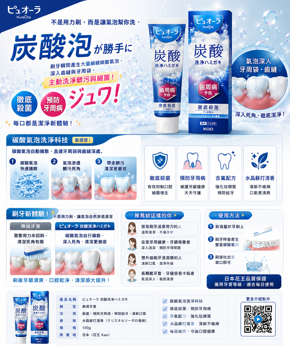 🔥日本SNS爆紅｜花王 Biore PureOra 碳酸洗淨氣泡牙膏 95g