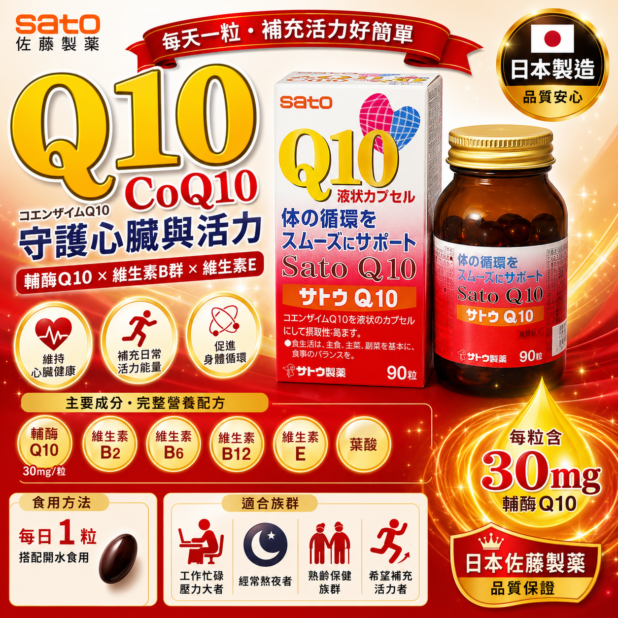 【日本代購】日本佐藤製藥 輔酶Q10 提高抵抗力 增加血液循環 補充日常活力 液狀膠囊 | 90粒