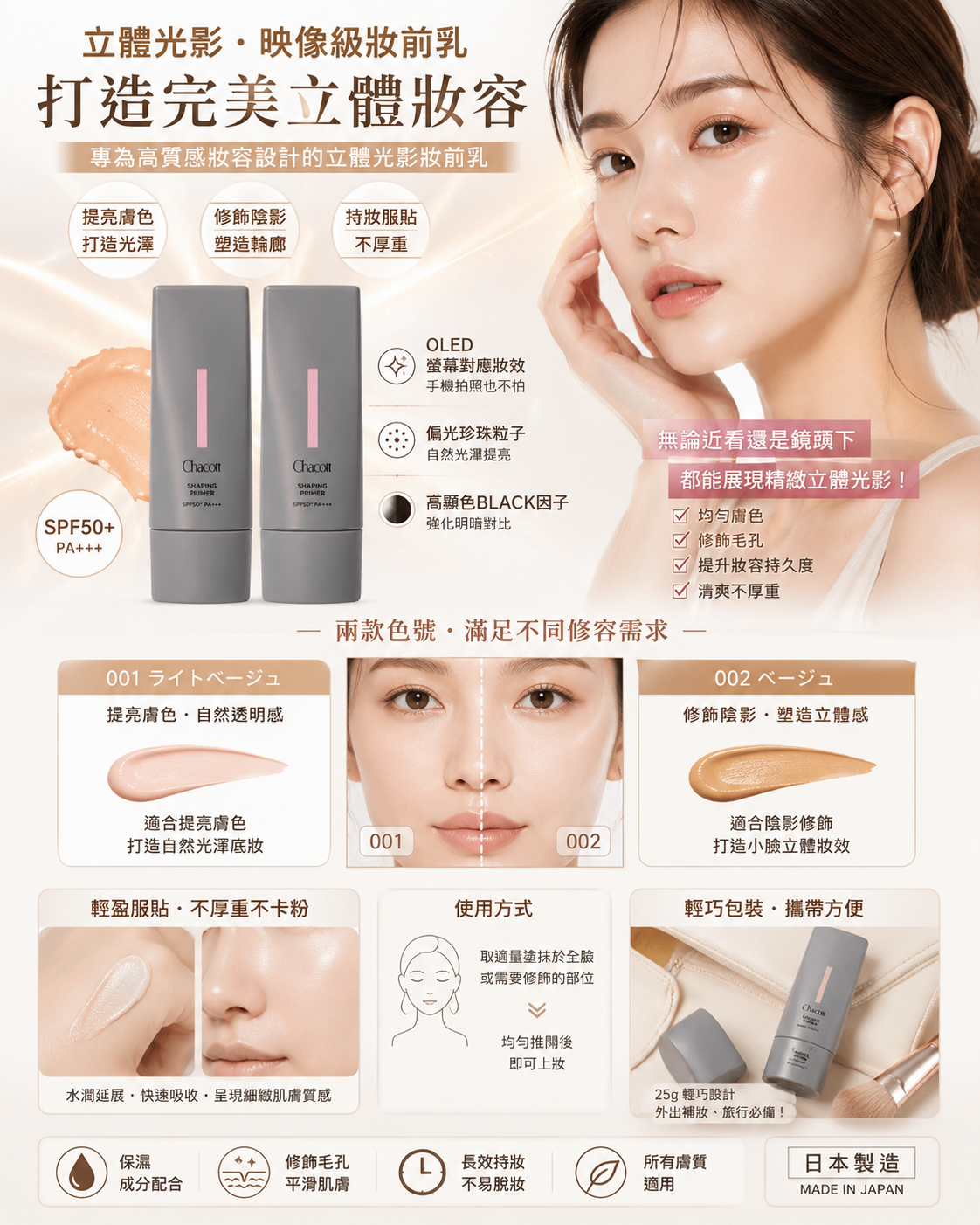 【立體妝感×光影提亮】CHACOTT SHAPING PRIMERシェイピングプライマー 001ライトベージュ／002ベージュ｜高遮瑕妝前乳｜OLED螢幕也上鏡｜25g