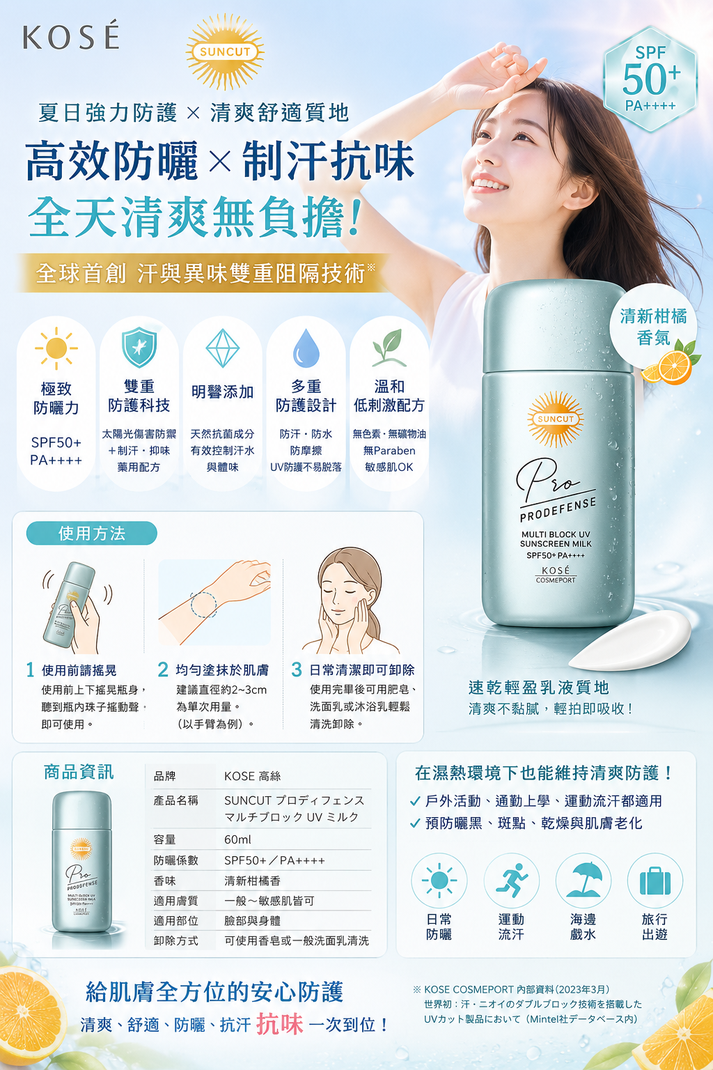 【高絲 KOSE】SUNCUT 全效防禦多功能防曬乳 SPF50+ PA++++｜臉部身體適用｜控油抗汗防異味｜敏感肌也安心 60ml