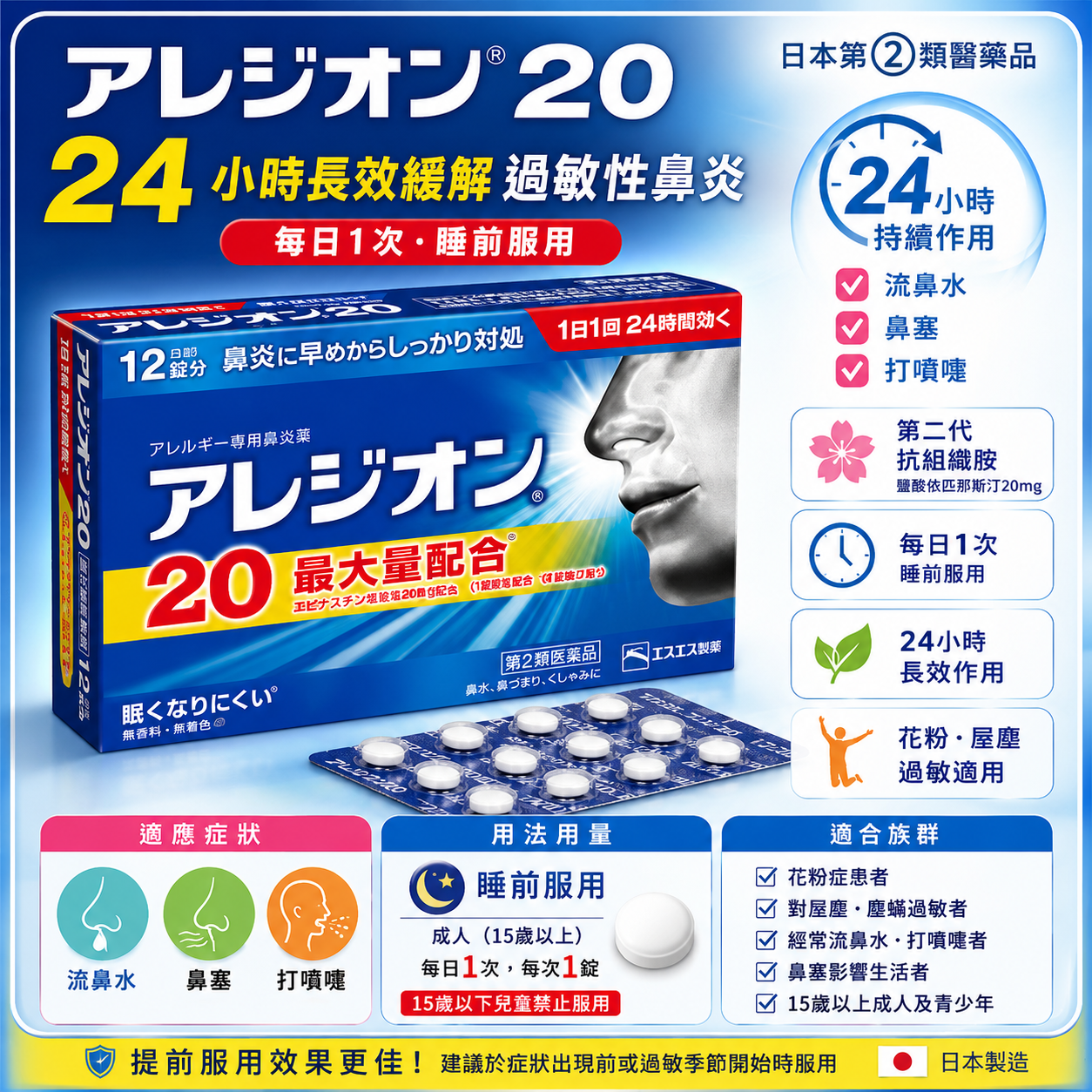【日本代購】白兔製藥 SS製藥 白兔牌 Alesion20 鼻炎藥 過敏性鼻炎 12粒/24粒