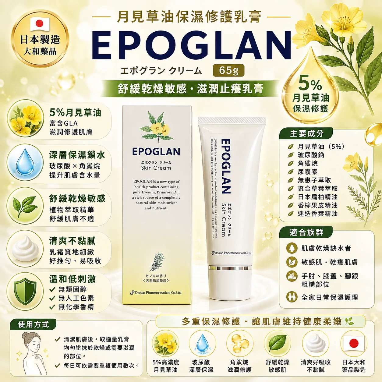 【日本代購】大和藥品 Epoglan 愛保月見草乳膏 藥用止癢 皮膚乾癢 敏感 滋潤保濕 止癢 乳液 65g