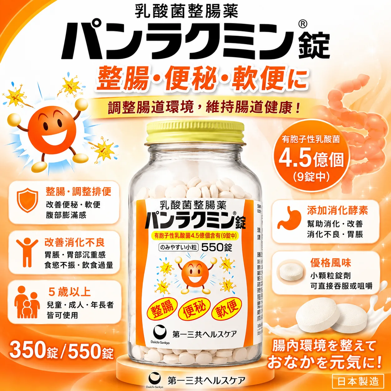 【日本代購】日本第一三共 整腸便秘咀嚼片 植物性乳酸菌益生菌 便祕丸 改善消化 優格味 350粒/550粒