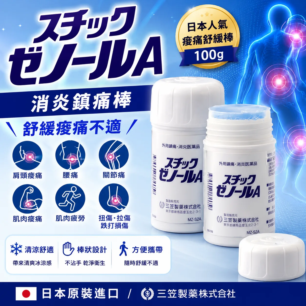 【日本代購】三笠製藥 三笠棒 消炎鎮痛棒 抑制肌肉痠痛 跌打損傷 100g