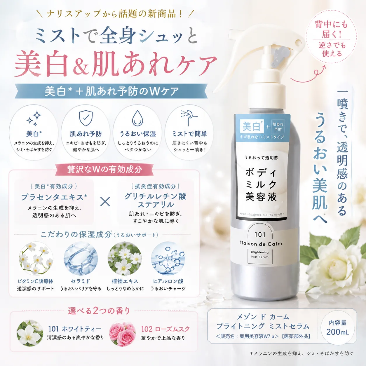 🤍 NARIS UP 美白噴霧精華｜全身亮白 × 背部痘痘護理（醫藥部外品）