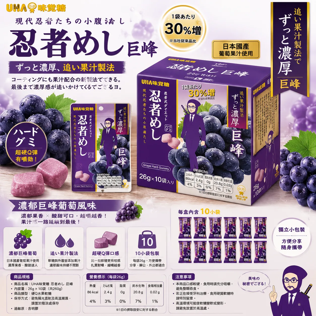 UHA味覺糖 忍者飯 巨峰葡萄超硬軟糖 26g×10袋