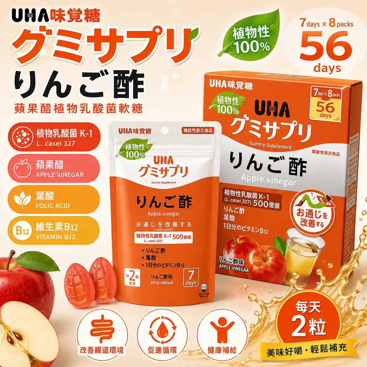 【日本代購】UHA 蘋果醋植物乳酸菌軟糖｜K-1乳酸菌・葉酸・維生素B12｜100%植物性 14粒×8袋 56日份