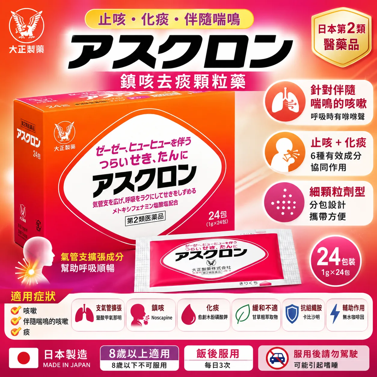 【日本代購】日本大正製藥 Ascron 益喘克咳 | 24包｜止咳化痰・伴隨喘鳴咳嗽
